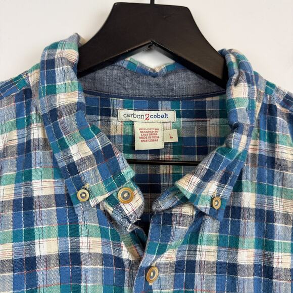 Carbon2Cobalt Mens Cotton Plaid Button Down Shirt Blue - L - Picture 3 of 8